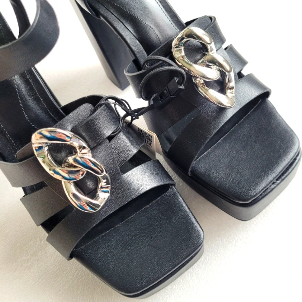 NWT Zara Chunky Black Platform Sandals with Chain Detail Size 9 - Picture 7 of 16